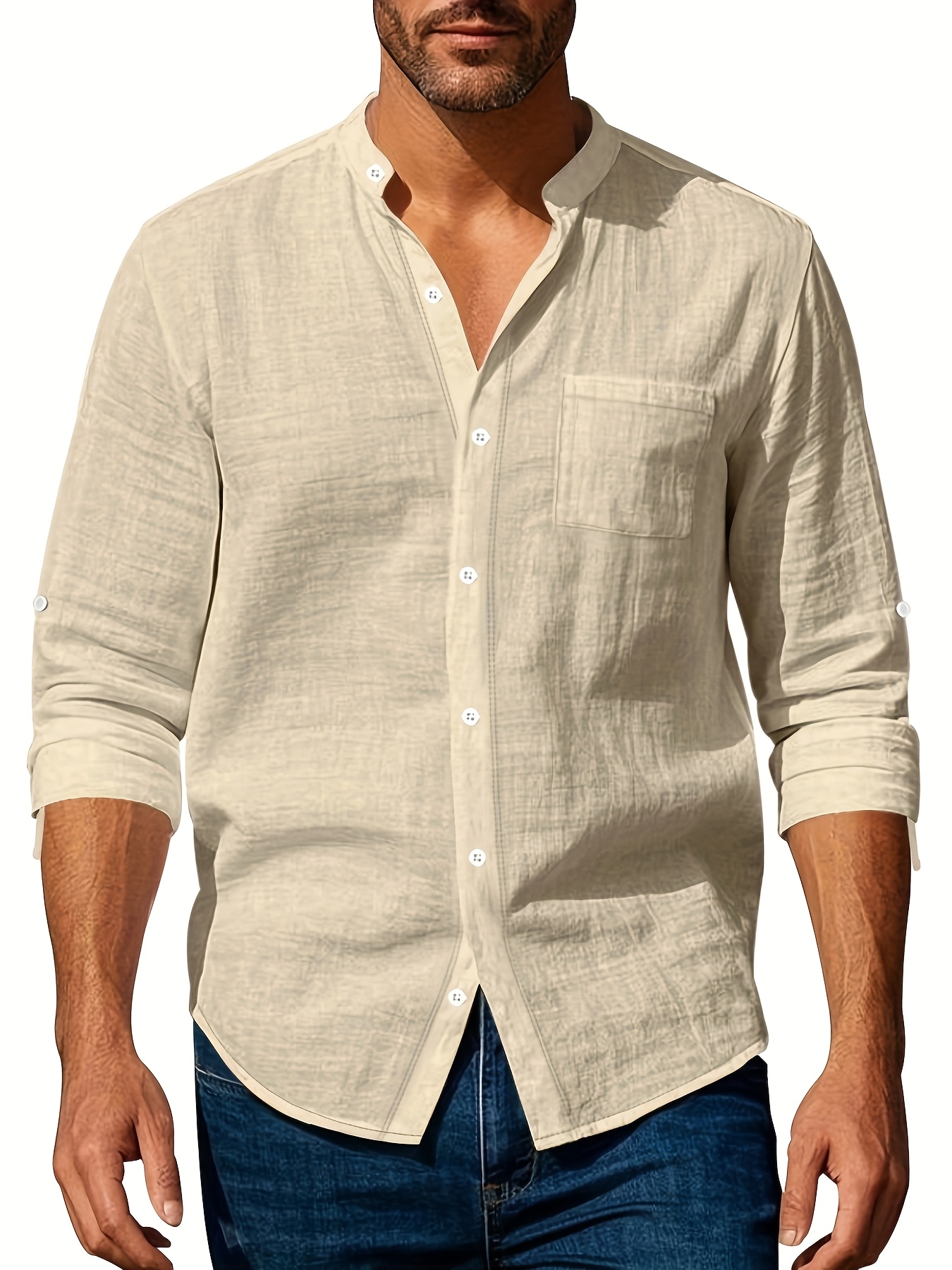 Linen Casual Stand Collar Long Sleeve Breathable Pocket Button Shirt for Men