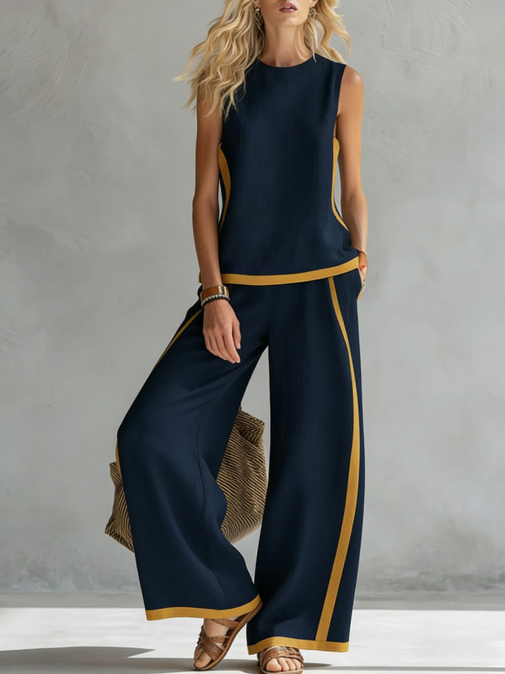 Women's Round Neck Sleeveless Casual Loose Top And High-waisted Loose Wide-leg Pants Cotton And Linen Set.