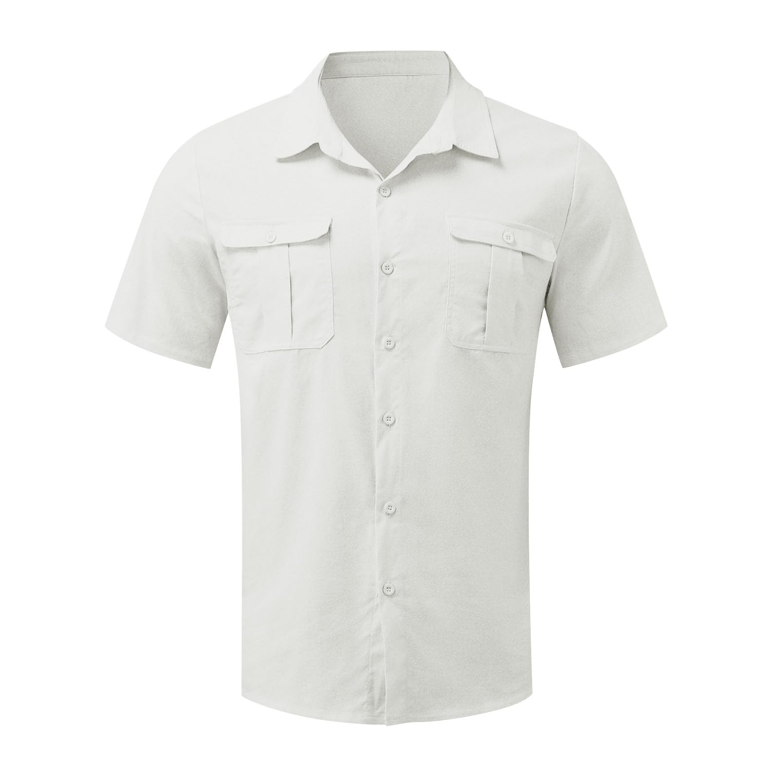 Men's casual vacation shirt double pocket cotton and linen short sleeve shirt