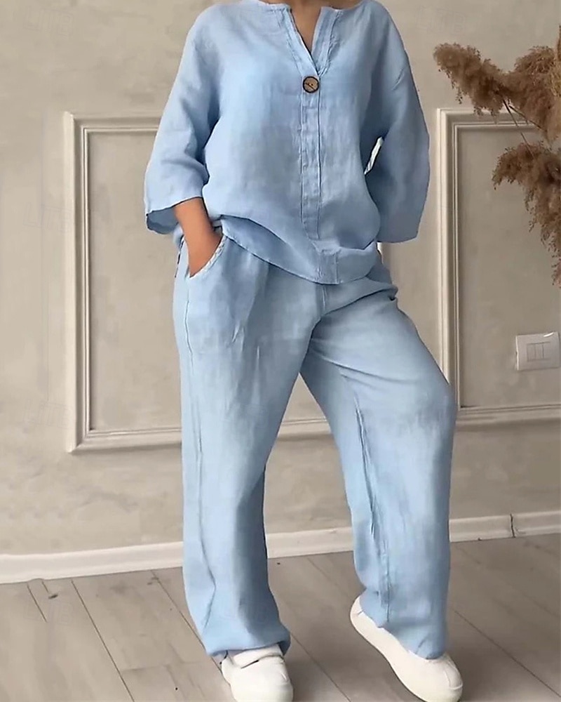 Women's Fashion Streetwear Shirt Cotton Linen Sets Two Piece Sets Linen Pants Pants Trousers Set Long Sleeve V Neck Solid Color Drawstring Daily Wear Date Black White Pink Spring Regular Fit 2025 - $26.99 –P9
