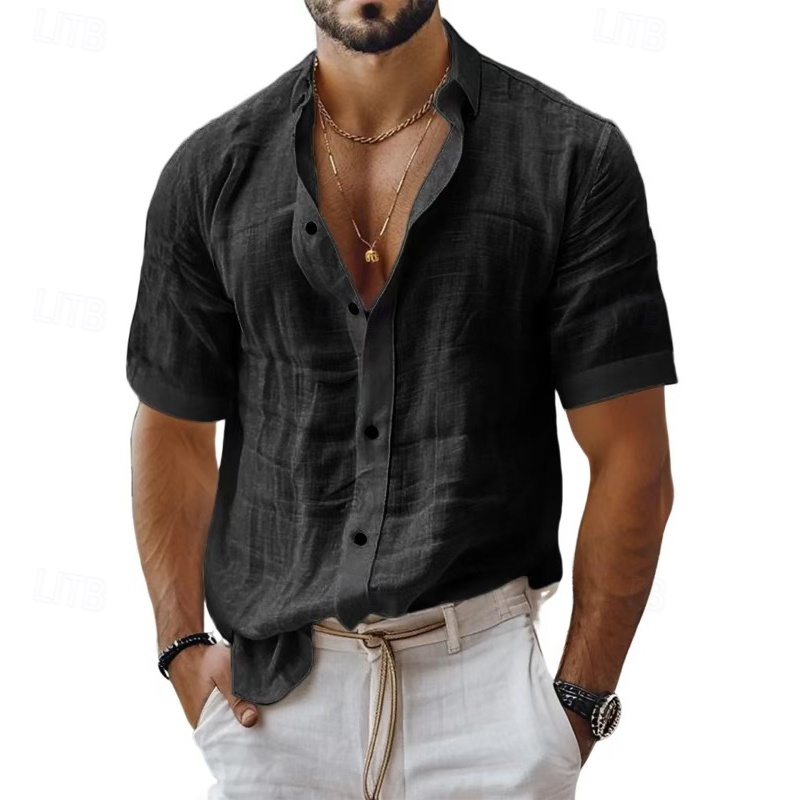 Men's Shirt Linen Shirt Casual Shirt Button Up Shirt Cotton Shirt Plain Vacation Street Black White Light Green Pink Short Sleeve Turndown Summer Clothing Apparel 2025 - $23.99 –P5