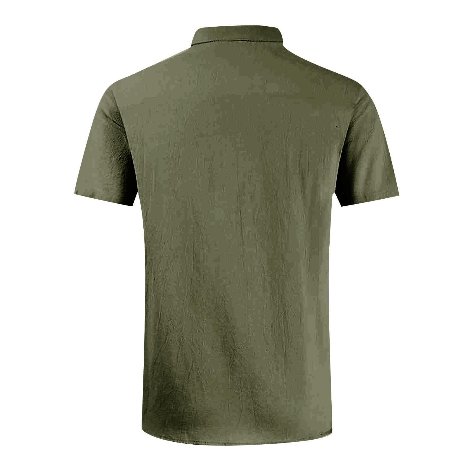 Men's casual vacation shirt double pocket cotton and linen short sleeve shirt