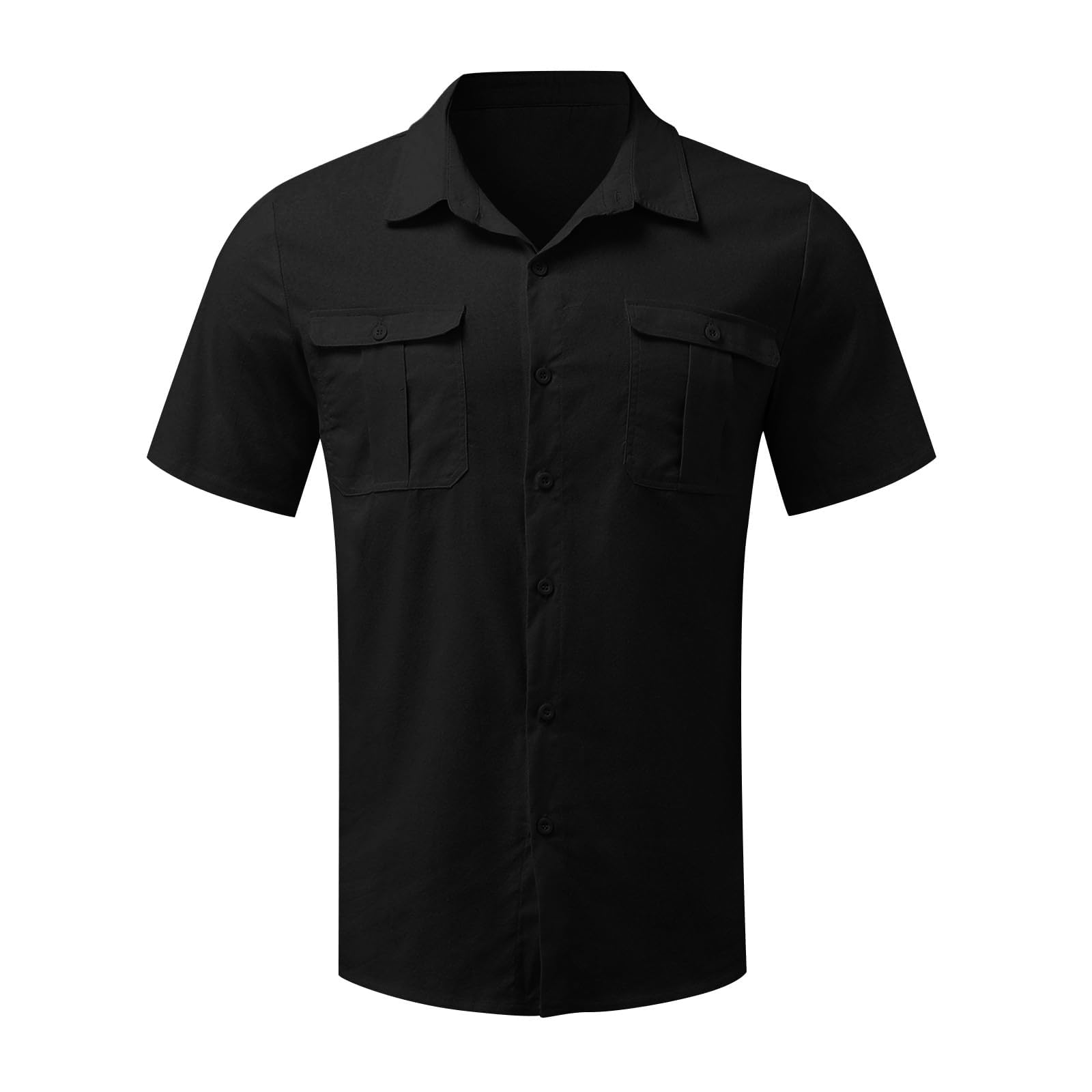 Men's casual vacation shirt double pocket cotton and linen short sleeve shirt