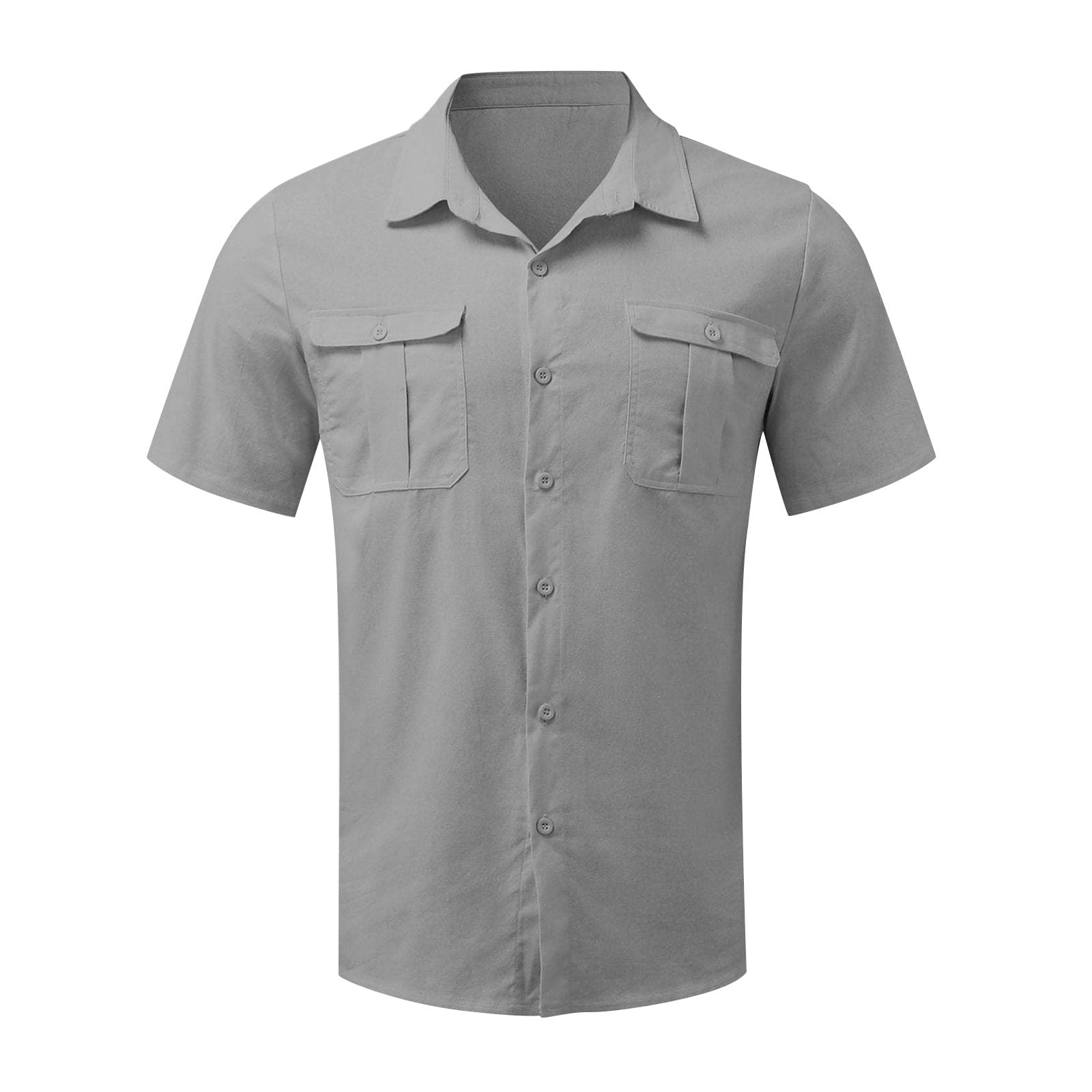 Men's casual vacation shirt double pocket cotton and linen short sleeve shirt