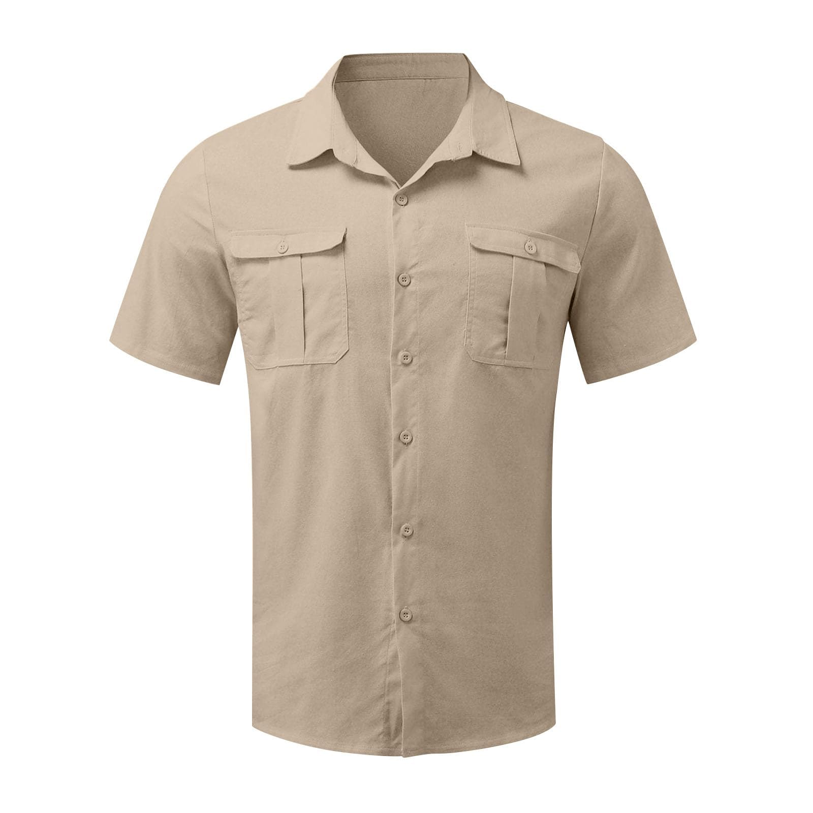 Men's casual vacation shirt double pocket cotton and linen short sleeve shirt