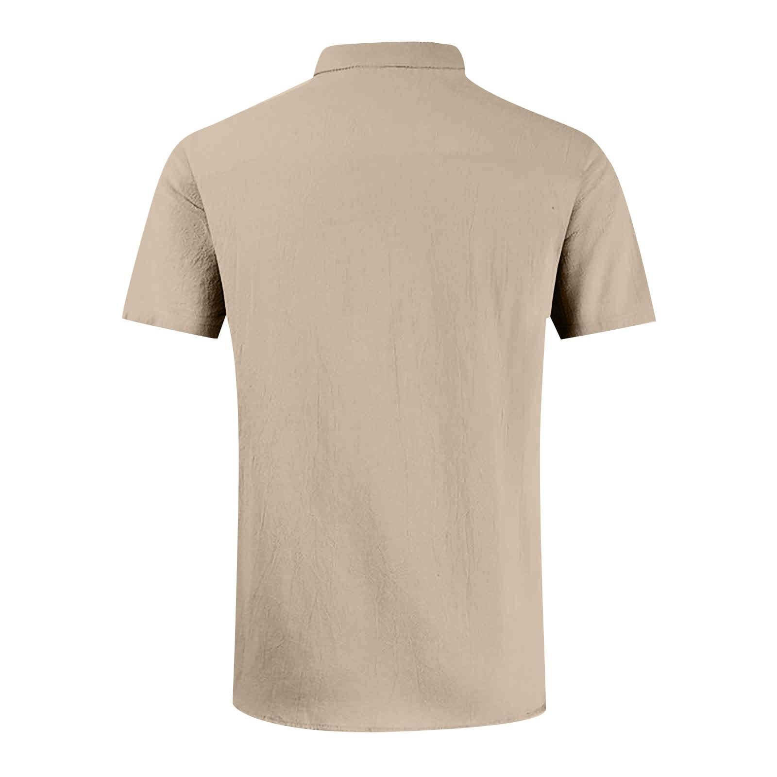 Men's casual vacation shirt double pocket cotton and linen short sleeve shirt