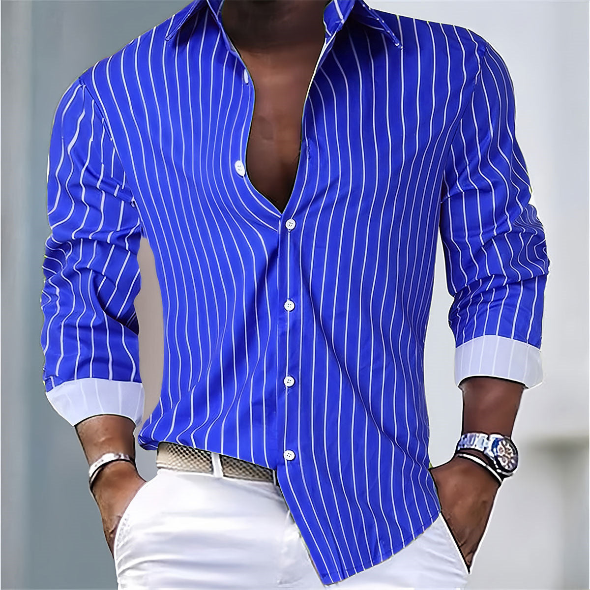 Men’s Contrast Cuff Vertical Stripe Button-Down Shirt