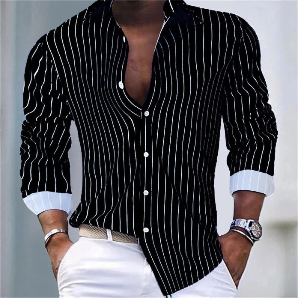 Men’s Contrast Cuff Vertical Stripe Button-Down Shirt