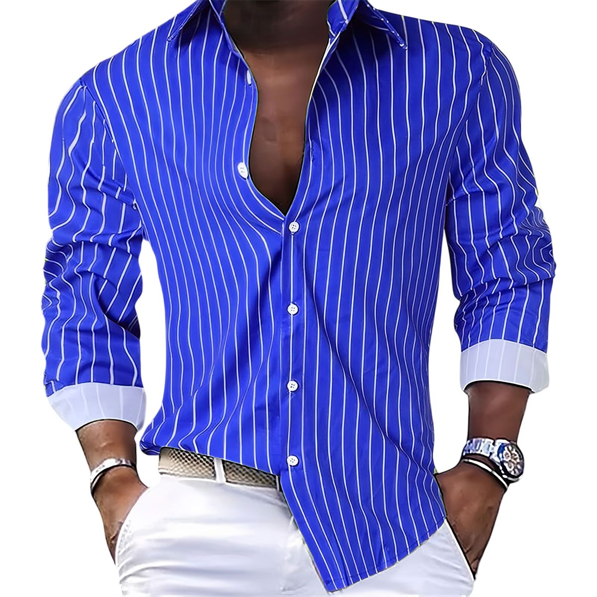 Men’s Contrast Cuff Vertical Stripe Button-Down Shirt