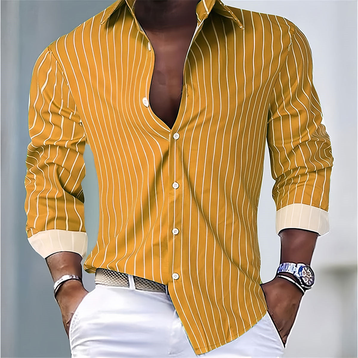 Men’s Contrast Cuff Vertical Stripe Button-Down Shirt