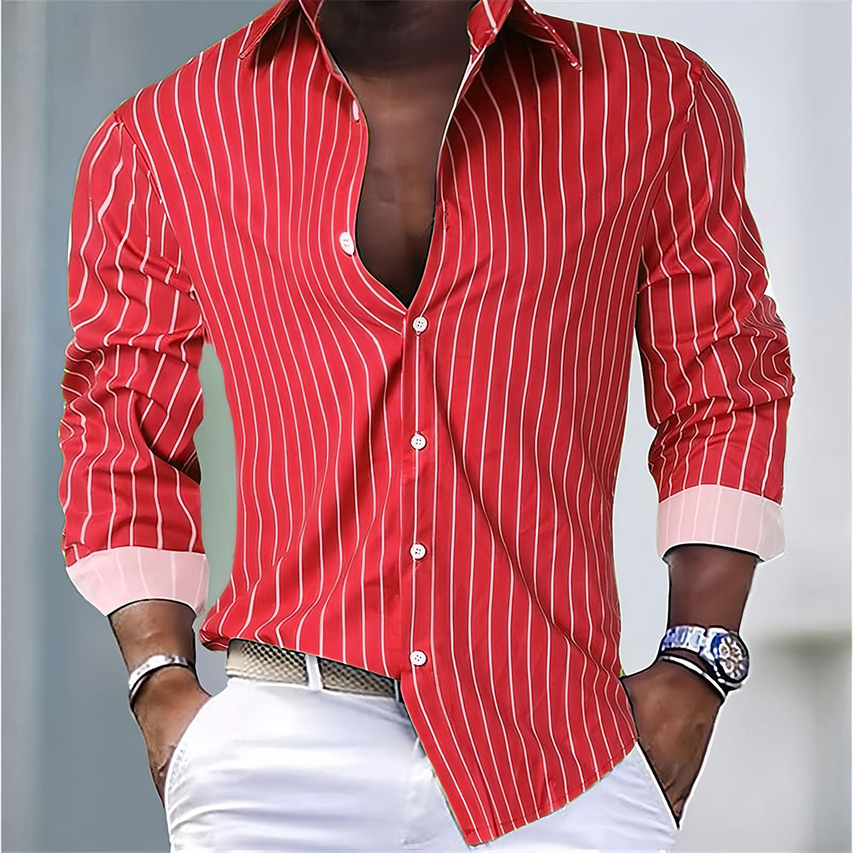 Men’s Contrast Cuff Vertical Stripe Button-Down Shirt