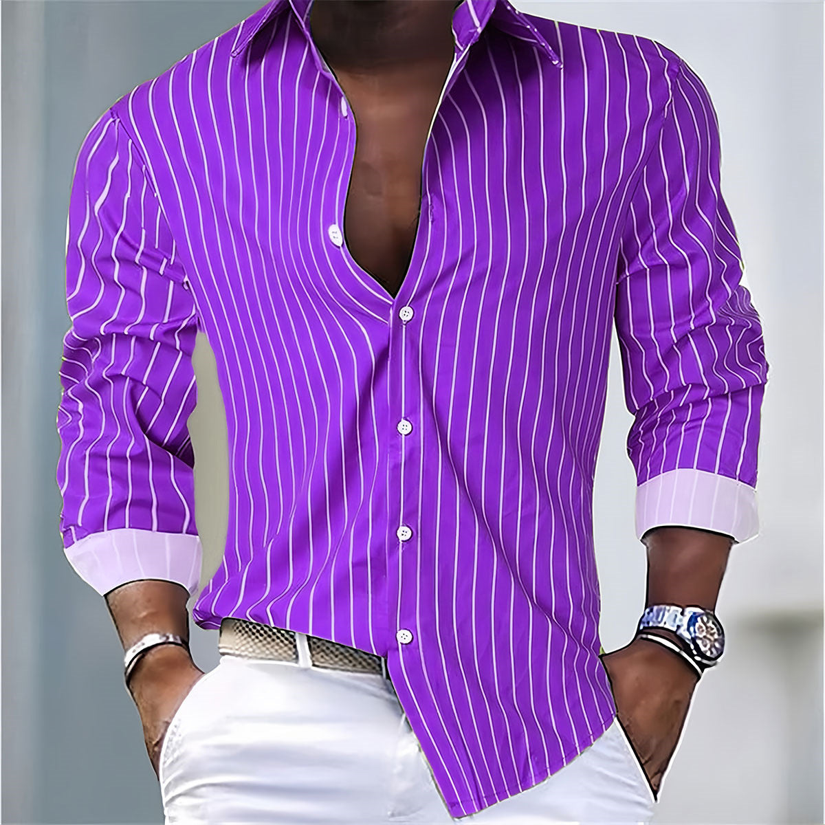 Men’s Contrast Cuff Vertical Stripe Button-Down Shirt