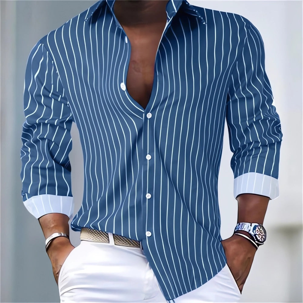 Men’s Contrast Cuff Vertical Stripe Button-Down Shirt