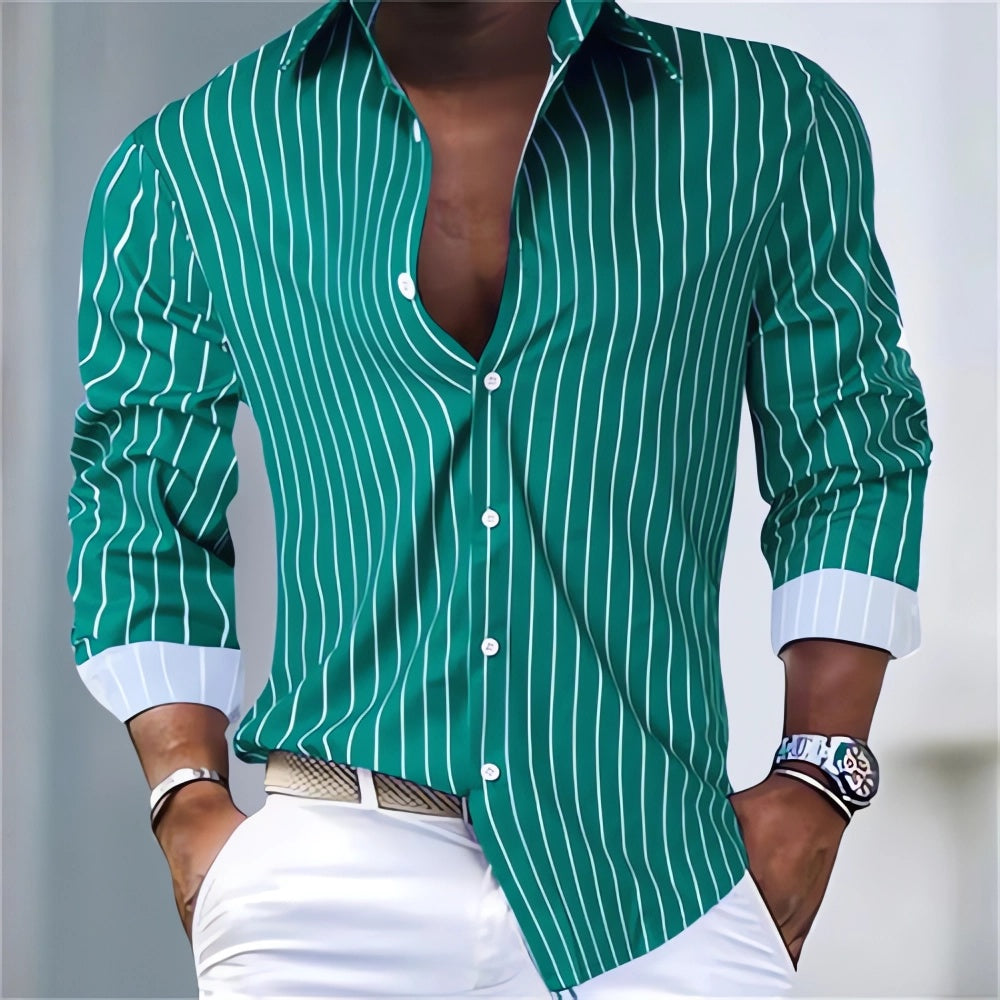 Men’s Contrast Cuff Vertical Stripe Button-Down Shirt