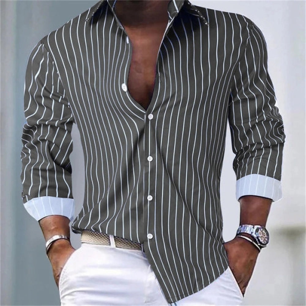 Men’s Contrast Cuff Vertical Stripe Button-Down Shirt