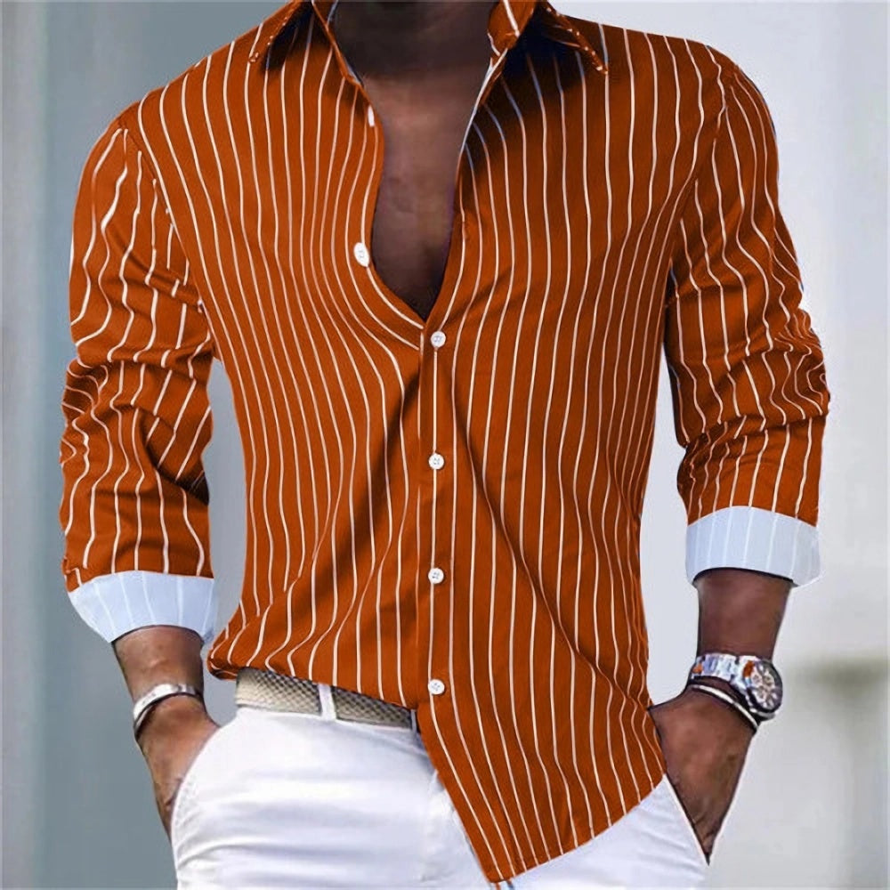 Men’s Contrast Cuff Vertical Stripe Button-Down Shirt