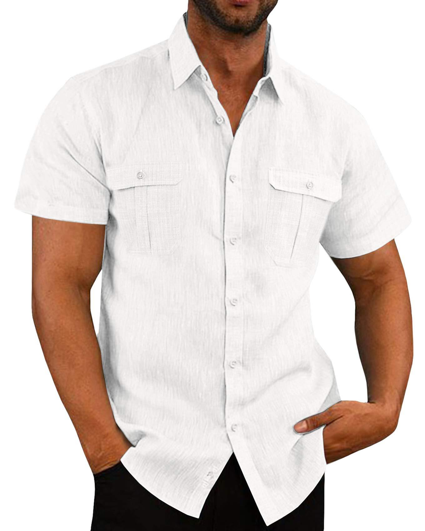 Men's casual vacation shirt double pocket cotton and linen short sleeve shirt