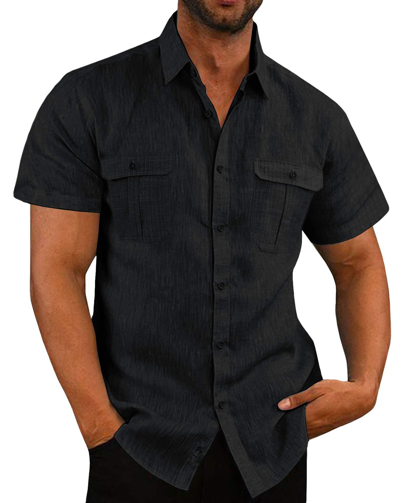 Men's casual vacation shirt double pocket cotton and linen short sleeve shirt