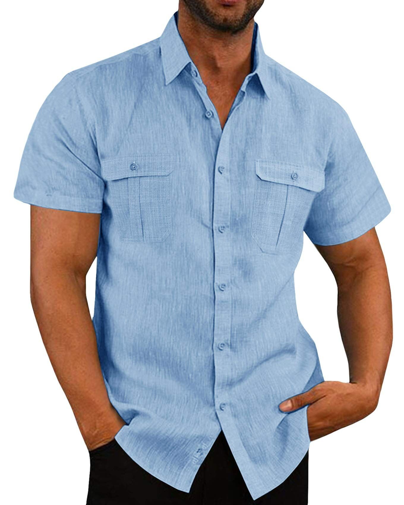 Men's casual vacation shirt double pocket cotton and linen short sleeve shirt