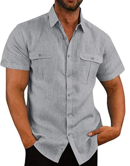 Men's casual vacation shirt double pocket cotton and linen short sleeve shirt