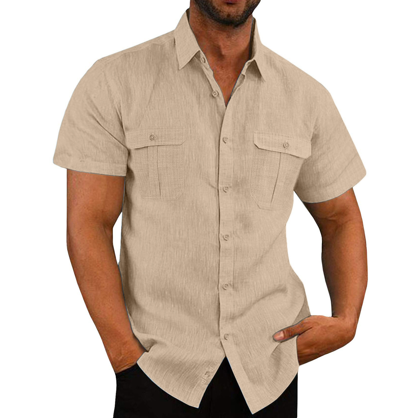 Men's casual vacation shirt double pocket cotton and linen short sleeve shirt