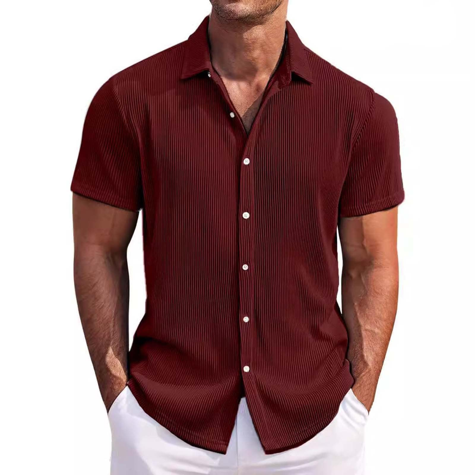 Men's Cotton Striped Jacquard Casual Loose Short Sleeve Shirt