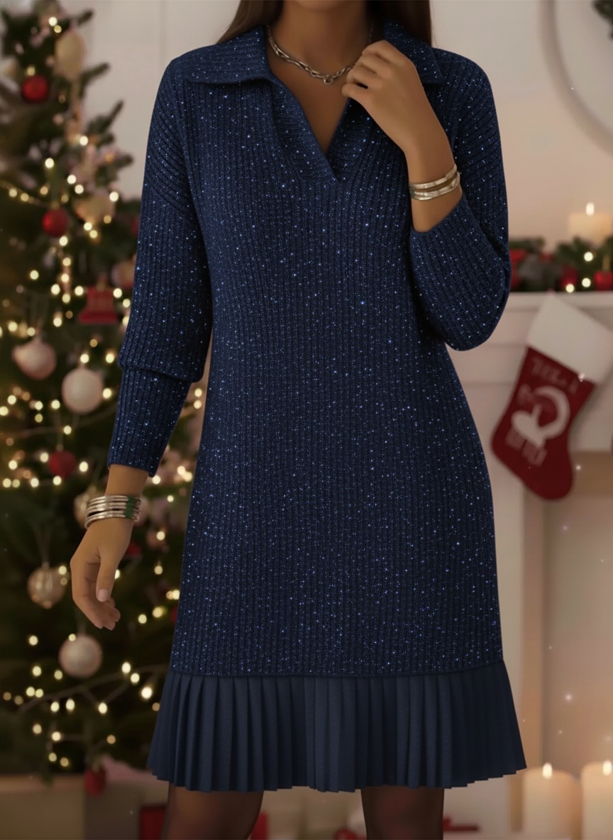 CLEARANCE SALE🔥Women's Elegant Polo Neck Shimmering Knit Dress