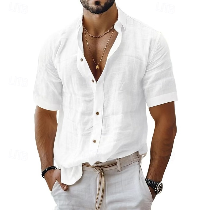 Men's Shirt Linen Shirt Casual Shirt Button Up Shirt Cotton Shirt Plain Vacation Street Black White Light Green Pink Short Sleeve Turndown Summer Clothing Apparel 2025 - $23.99 –P6