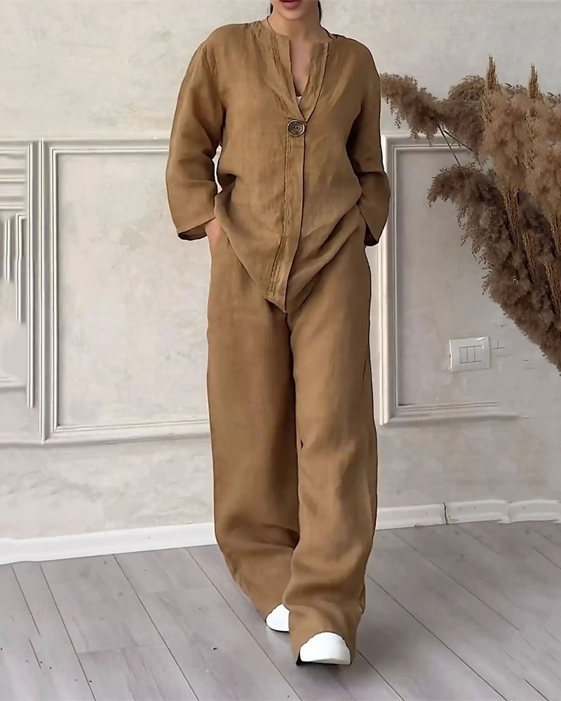Women's Fashion Streetwear Shirt Cotton Linen Sets Two Piece Sets Linen Pants Pants Trousers Set Long Sleeve V Neck Solid Color Drawstring Daily Wear Date Black White Pink Spring Regular Fit 2025 - $26.99 –P6