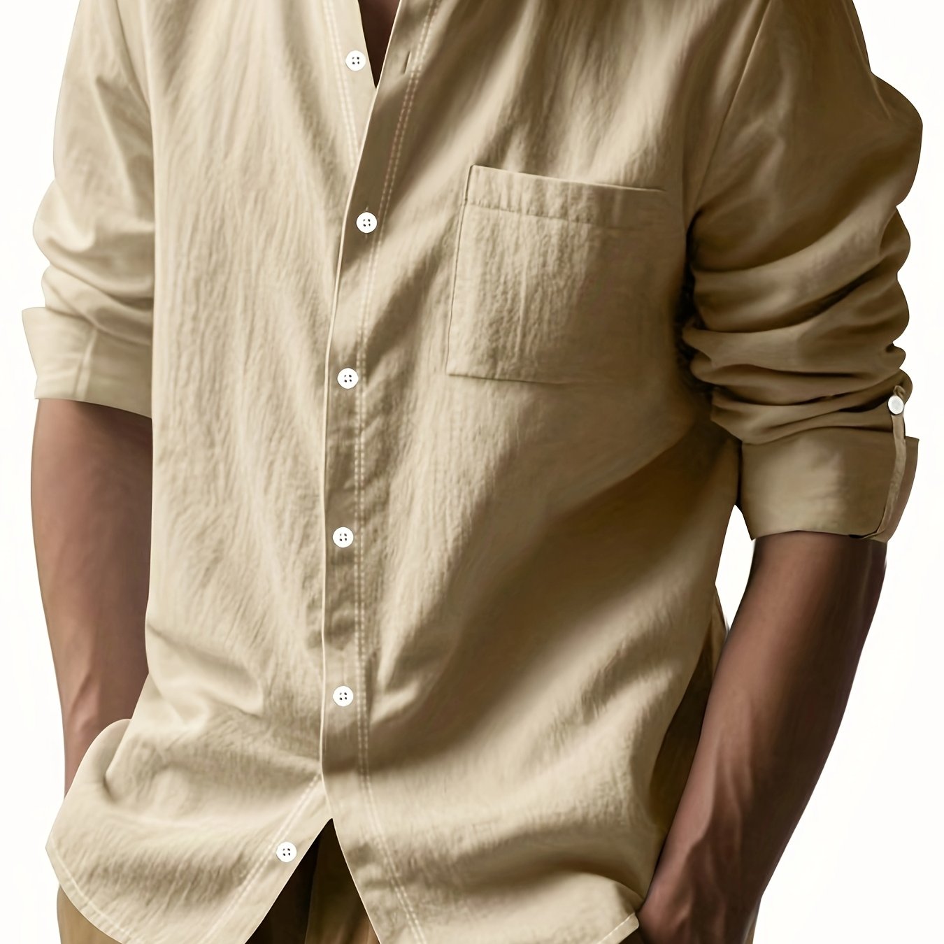 Linen Casual Stand Collar Long Sleeve Breathable Pocket Button Shirt for Men