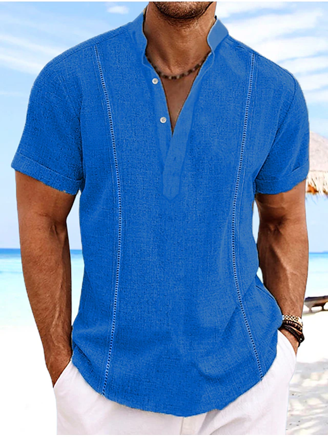 Summer Striped Linen Band‑Collar Shirt – Beach & Smart Short‑Sleeve