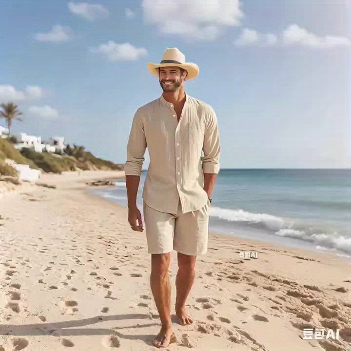 Linen Casual Stand Collar Long Sleeve Breathable Pocket Button Shirt for Men