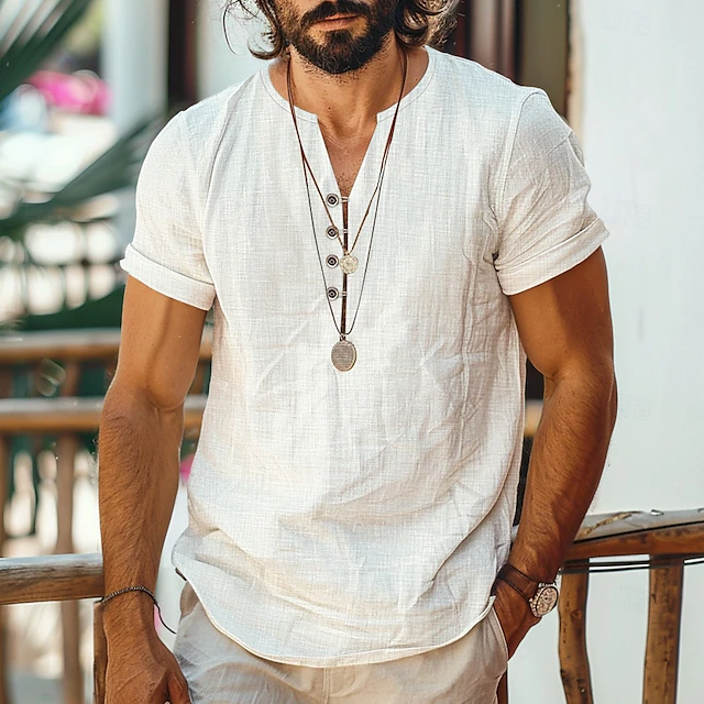 2025 New in-Men's Cotton Linen Round Neck Shirt
