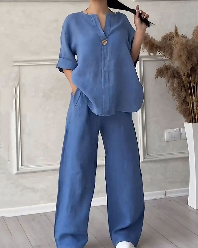 Women's Fashion Streetwear Shirt Cotton Linen Sets Two Piece Sets Linen Pants Pants Trousers Set Long Sleeve V Neck Solid Color Drawstring Daily Wear Date Black White Pink Spring Regular Fit 2025 - $26.99 –P5