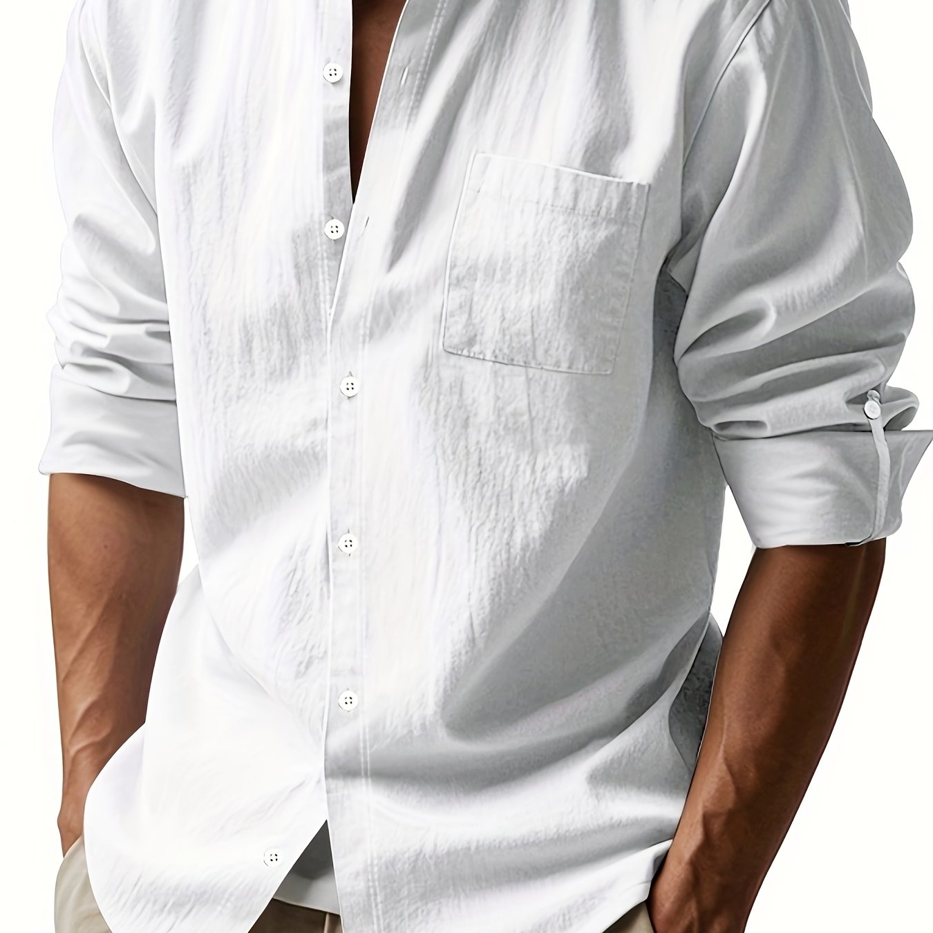 Linen Casual Stand Collar Long Sleeve Breathable Pocket Button Shirt for Men