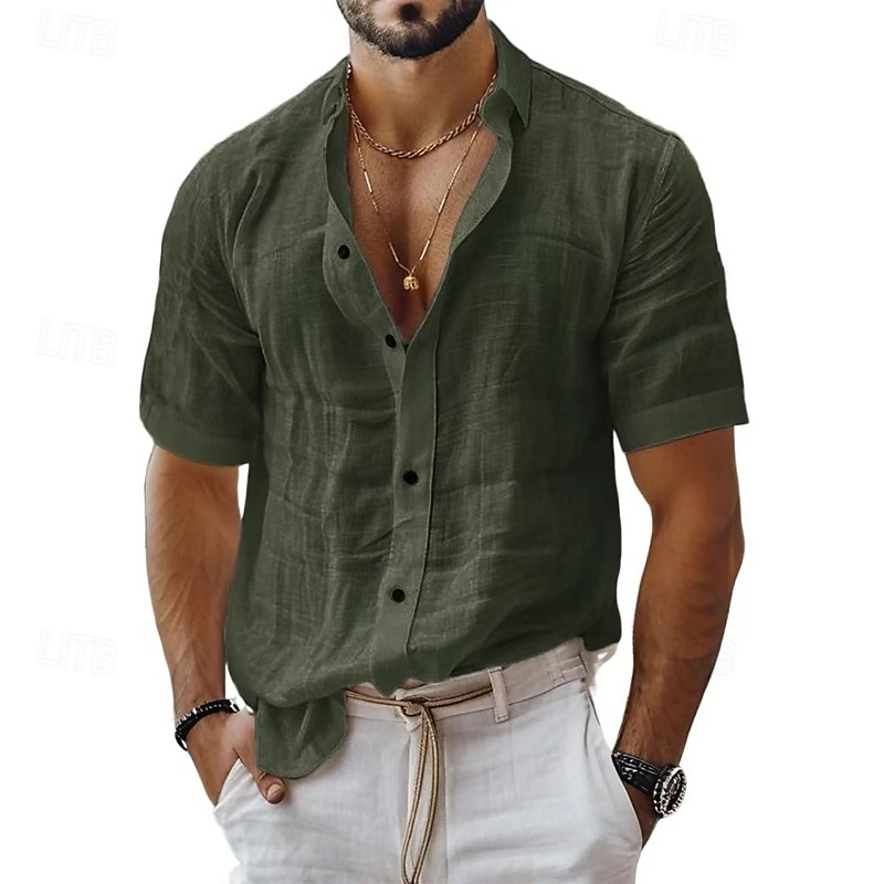 Men's Shirt Linen Shirt Casual Shirt Button Up Shirt Cotton Shirt Plain Vacation Street Black White Light Green Pink Short Sleeve Turndown Summer Clothing Apparel 2025 - $23.99 –P7