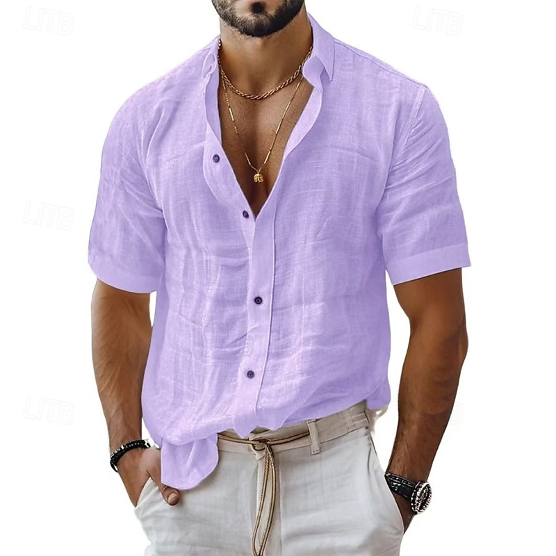 Men's Shirt Linen Shirt Casual Shirt Button Up Shirt Cotton Shirt Plain Vacation Street Black White Light Green Pink Short Sleeve Turndown Summer Clothing Apparel 2025 - $23.99 –P9