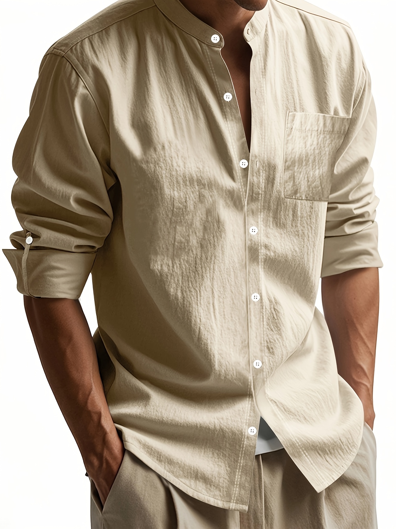 Linen Casual Stand Collar Long Sleeve Breathable Pocket Button Shirt for Men