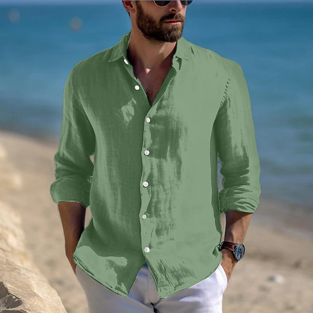 Men’s Linen-Cotton Long‑Sleeve Button‑Down Shirt – Casual Beach & Everyday