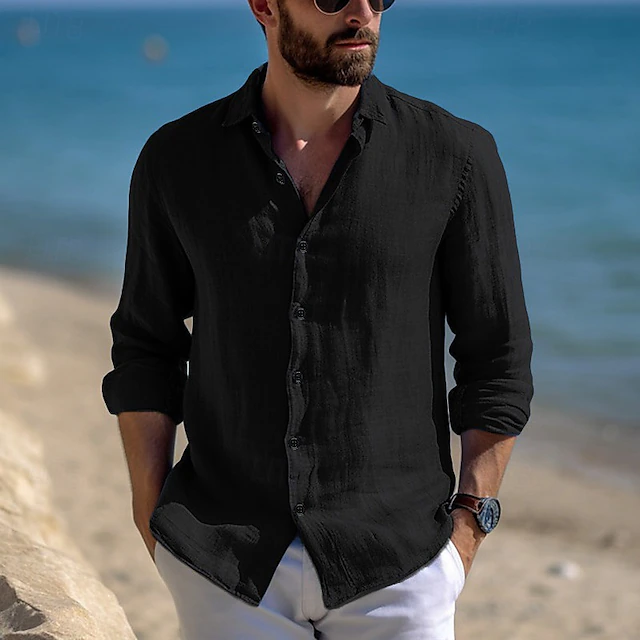 Men’s Linen-Cotton Long‑Sleeve Button‑Down Shirt – Casual Beach & Everyday