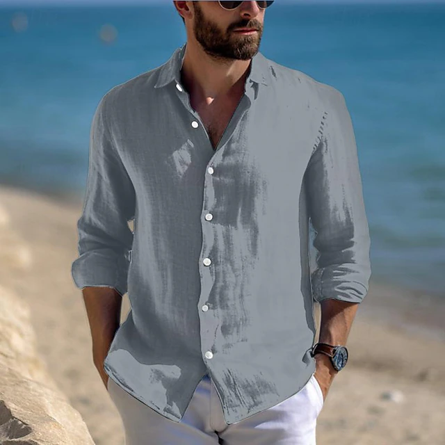 Men’s Linen-Cotton Long‑Sleeve Button‑Down Shirt – Casual Beach & Everyday