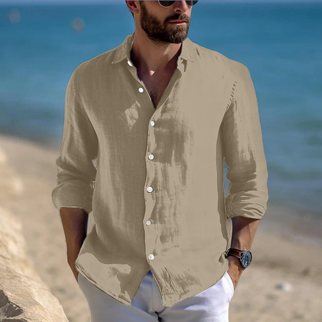 Men’s Linen-Cotton Long‑Sleeve Button‑Down Shirt – Casual Beach & Everyday