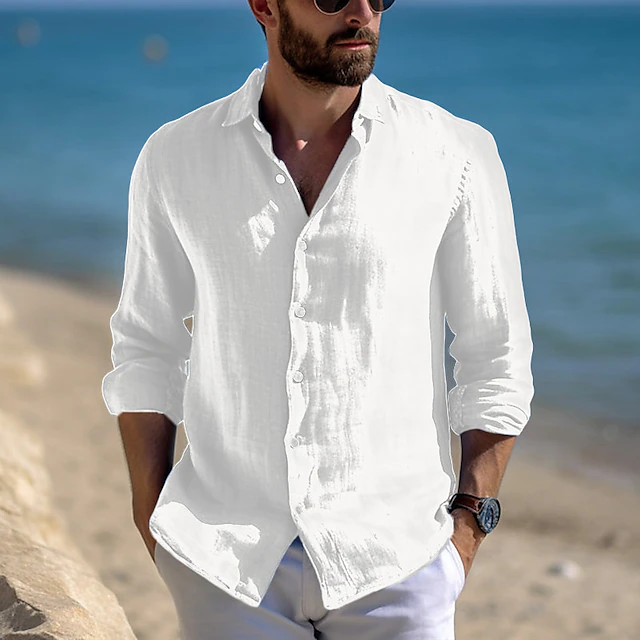 Men’s Linen-Cotton Long‑Sleeve Button‑Down Shirt – Casual Beach & Everyday