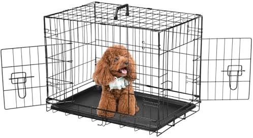 Dog Crate, 24 Inch Small Wire Kennel with Divider Panel, Metal Cages with Double Door, Leak-Proof Pan Tray, Folding Portable for Indoor Outdoor Travel