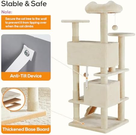 Cat Tree, 54-Inch Cat Tower for Indoor Cats with Sisal Scratching Post, Cat Play House, Large Kitty Condo, Plush Multi-Level with Climbing Ladder