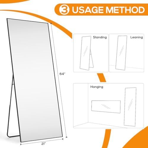 Mirror Full Length, Upgraded 16"x59" Body Wall Mirrors with Shatter-Proof Glass, Floor Standing, Hanging or Leaning, Tall Mirror with Stand Aluminum Alloy Frame for Bedroom Cloakroom
