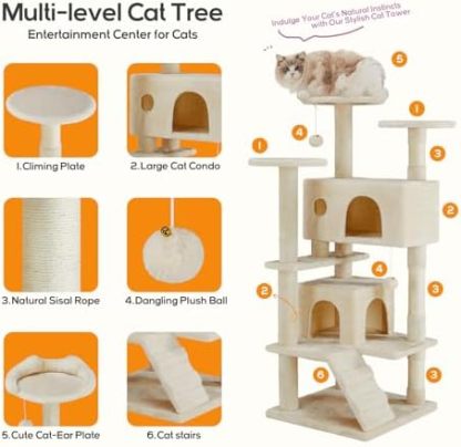 Cat Tree, 54-Inch Cat Tower for Indoor Cats with Sisal Scratching Post, Cat Play House, Large Kitty Condo, Plush Multi-Level with Climbing Ladder