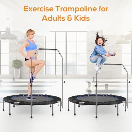 Mini Trampoline for Adults, 40"/48" Foldable Indoor Exercise Rebounder with Adjustable Bar for Home & Garden Fitness, Max Load 330lbs