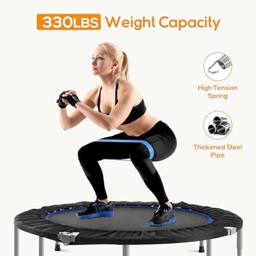 Mini Trampoline for Adults, 40"/48" Foldable Indoor Exercise Rebounder with Adjustable Bar for Home & Garden Fitness, Max Load 330lbs