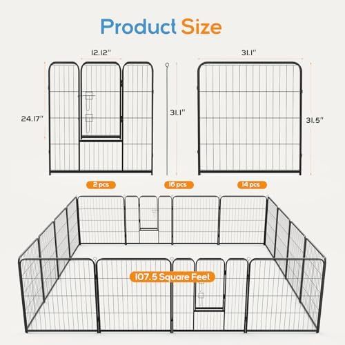 Dog Playpen, Puppy Fence for Yard, Camping, RV, Indoor/Outdoor Use, 32-Inch 16-Panel Exercise Pen for Small/Medium/Large Pets